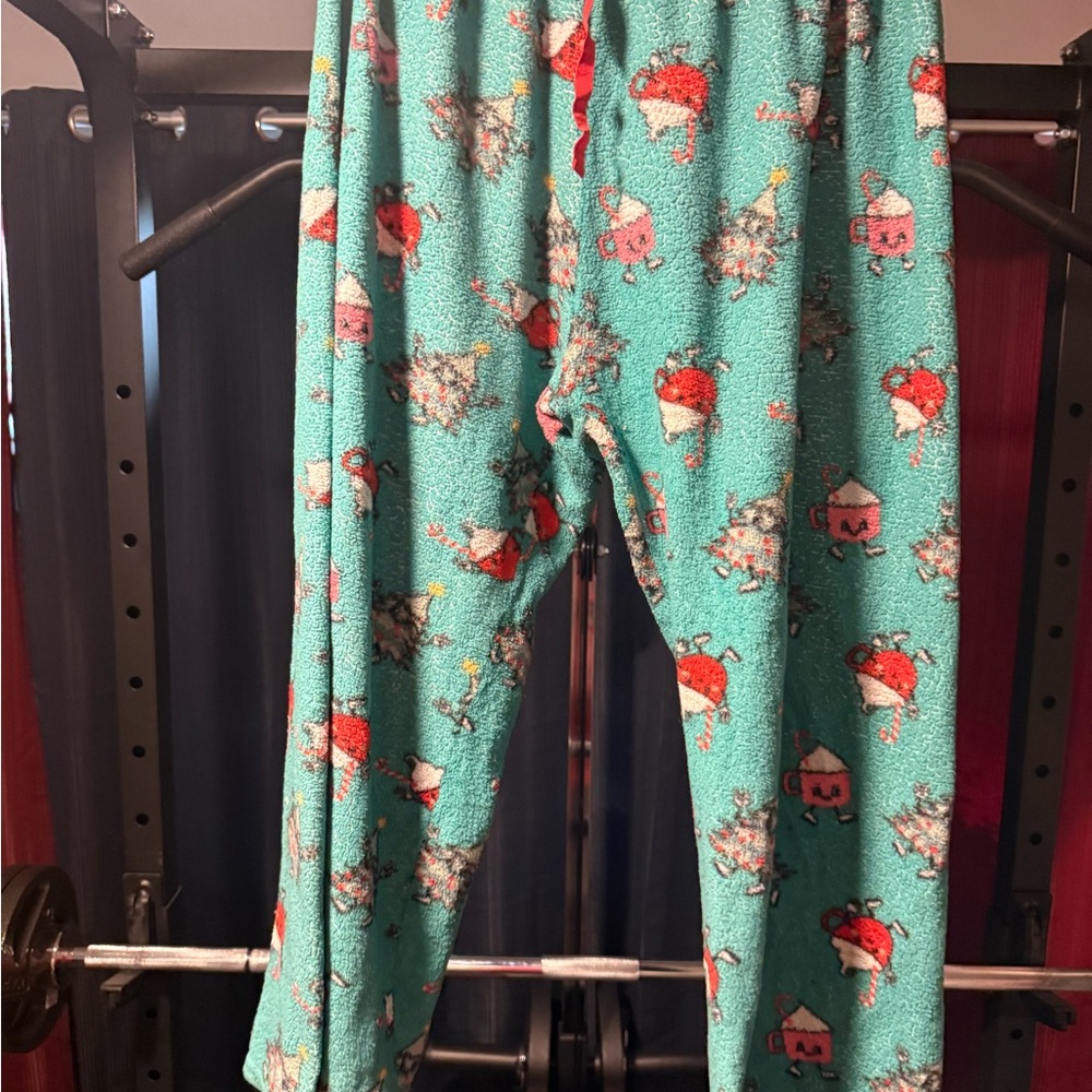 Festive Teal Pajama Bottoms with Santa Print